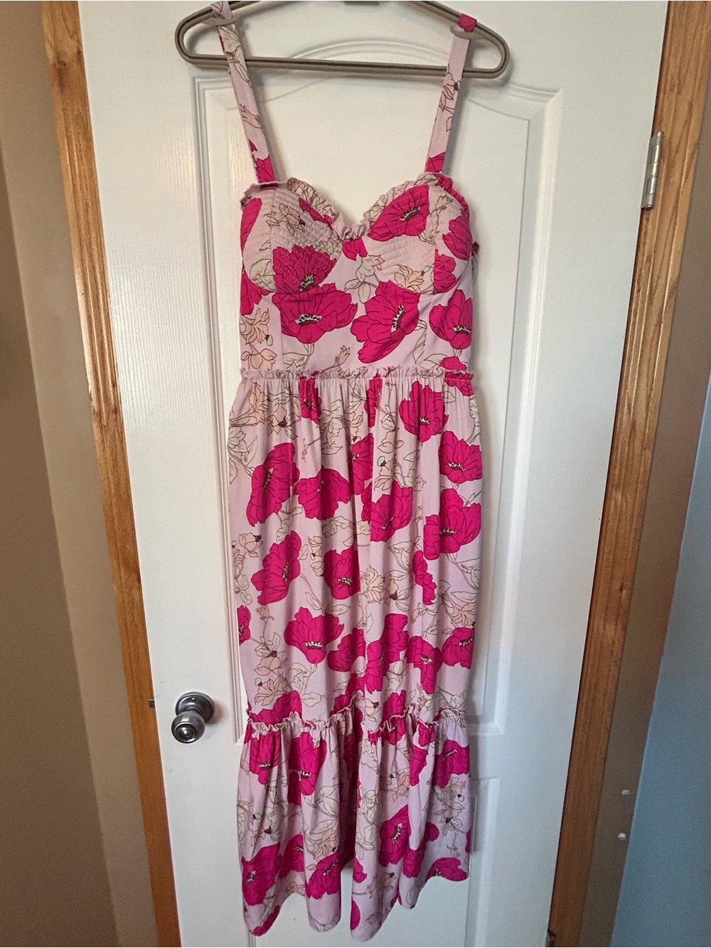 Pink Floral Midi Sundress with Hot Pink Blooms
